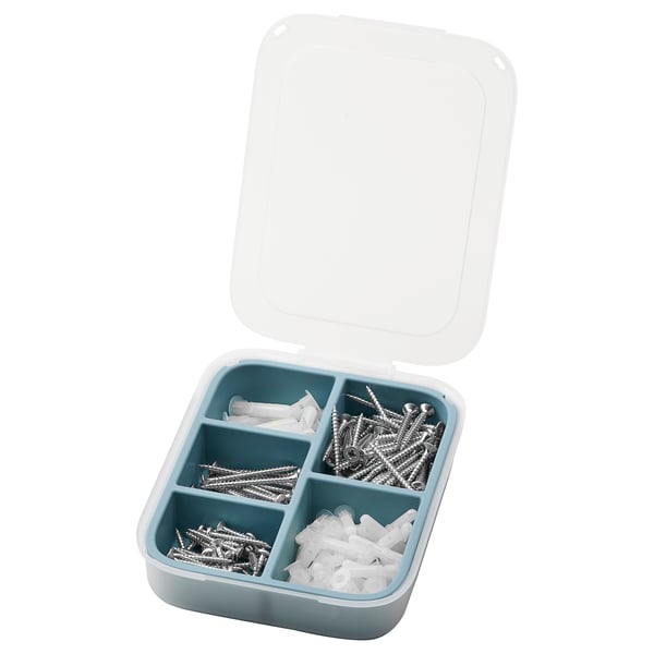 TRIXIG blue tool kit box, square, divided, holding silver screws and white plugs, transparent lid.
