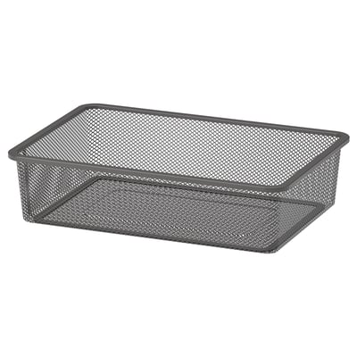 A grey wire mesh storage basket, rectangle shaped with a sturdy frame, designed for easy access and organisation.