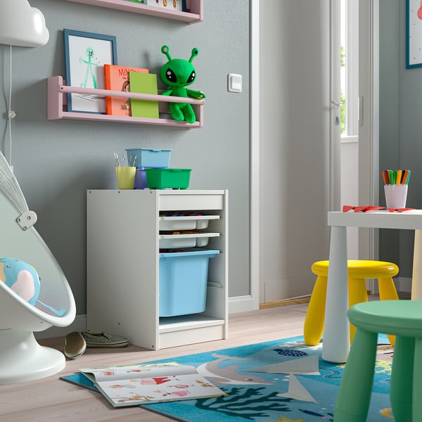 TROFAST Storage combination with box/trays, white white/light blue, 34x44x56 cm