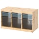 TROFAST storage unit, light pine, mesh grey bins, rectangular, open shelves.