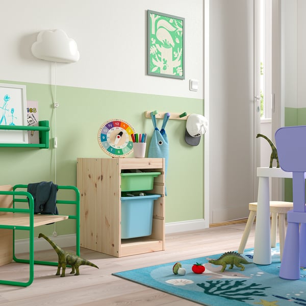 TROFAST Storage combination with boxes, light white stained pine light green/light blue, 32x44x52 cm