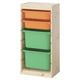TROFAST storage unit with orange and green bins, light wooden frame.