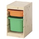 An ikea TROFAST storage unit with bright orange and green plastic bins inside a light wooden frame.