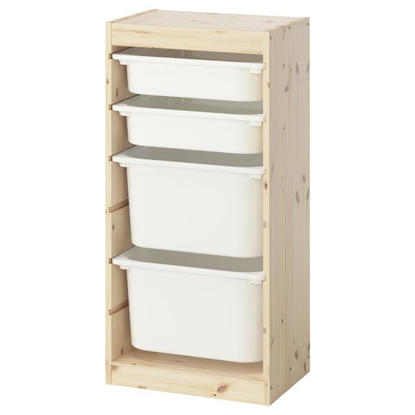 Ikea TROFAST light wood kids storage with white containers.