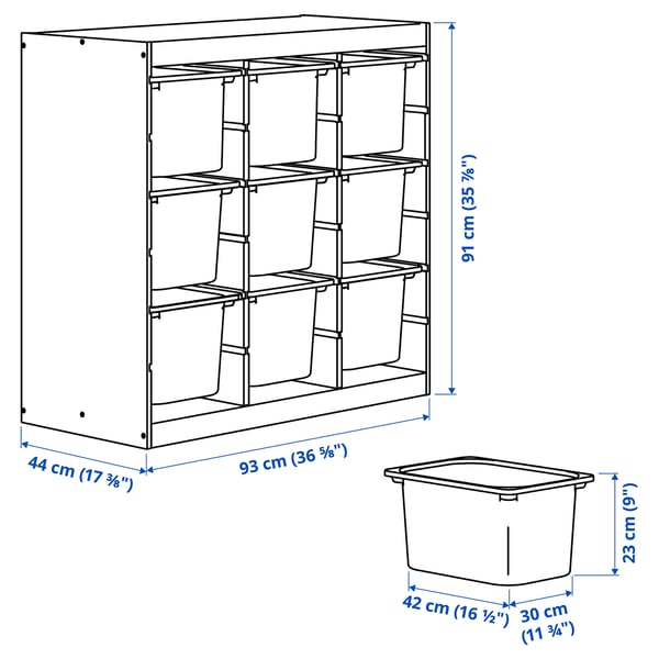 TROFAST Storage combination with boxes, room divider/light white stained pine dark grey, 93x44x91 cm