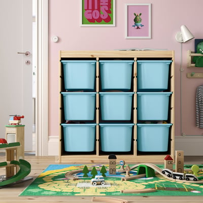 TROFAST Storage combination with boxes, room divider/light white stained pine light blue, 93x44x91 cm