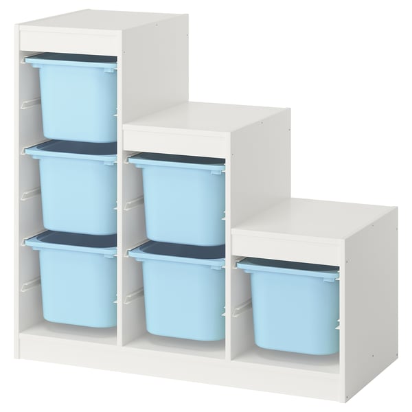 TROFAST storage, white & blue bins, wooden frame, various slots, modern design, kids toy organizer.
