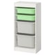 White ikea TROFAST storage with green & white containers for kids toys.
