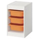 White TROFAST storage with 3 orange bins, open shelving for kids.