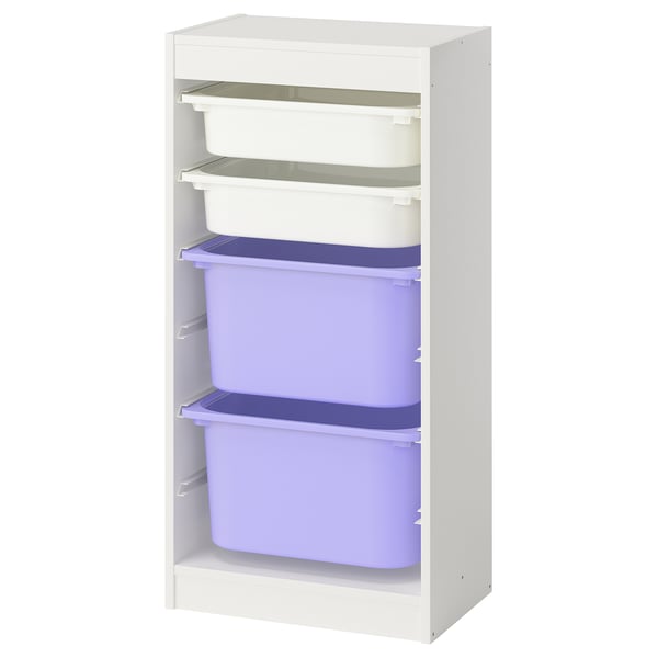 White TROFAST storage unit with purple and clear plastic bins.