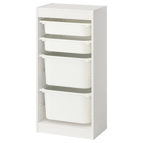 A white TROFAST storage unit with four removable plastic bins.