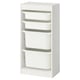 A white TROFAST storage unit with four removable plastic bins.