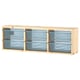 A TROFAST wooden wall storage unit with blue mesh drawers. It has a rectangular design with three columns and four rows of drawers.