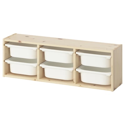 Ikea TROFAST series: light wood shelves with white plastic bins for kids toy storage.