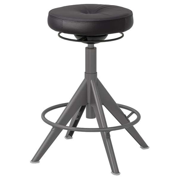 Black round cushioned stool with metal tripod base, adjustable height.