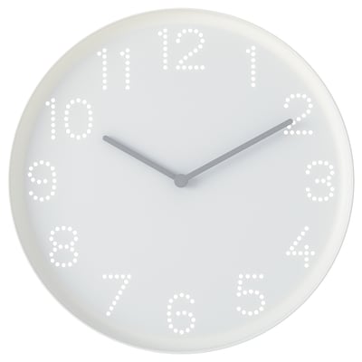 TROMMA white clock, round, plastic. Numbers as punched holes; displays time clearly.