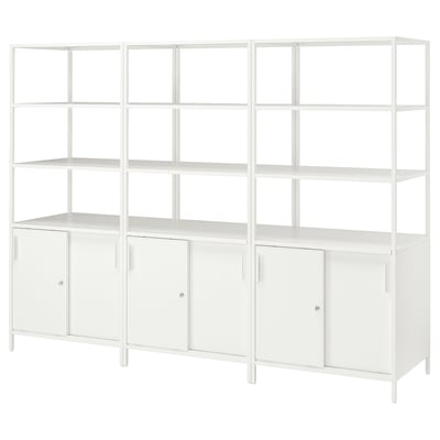 A white TROTTEN bookshelf with closed cabinets at the bottom for storage. It has a rectangular shape with multiple open shelves on top.