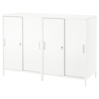 A white trotton double-sided cabinet with sliding doors, suitable as a room divider.