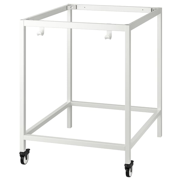 Ikea TROTTEN, white metal stand, 4 wheels, rectangular frame, modern design.