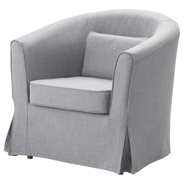Light grey TULLSTA armchair with curved back, padded seat and armrests, modern and cosy design.