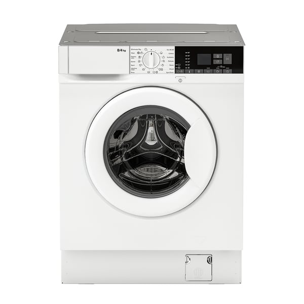 A white front-loading washing machine and dryer combo with a digital display panel at the top and a large circular door.