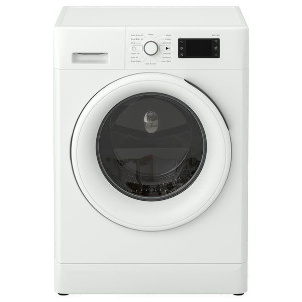 Front-loading washing machine and dryer combo. White, sleek design with control panel and large glass door.