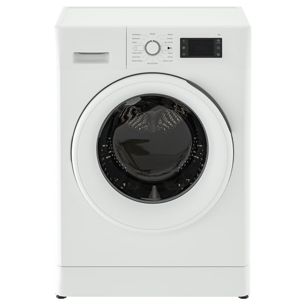 A white UDDARP front-loading washing machine with a digital control panel and a drum ready for laundry.