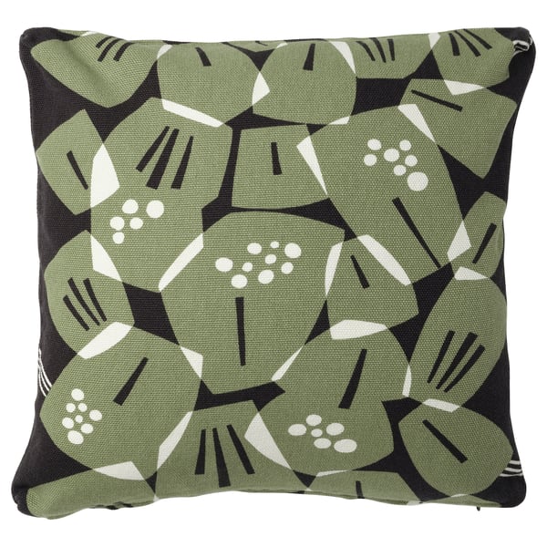 Underbloamma cushion, square, green/black, leaf pattern, thick cotton/jute fabric.