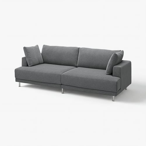 Grey UPPÅKRA sofa, modern design, fabric along metal legs, relaxed comfy seat.