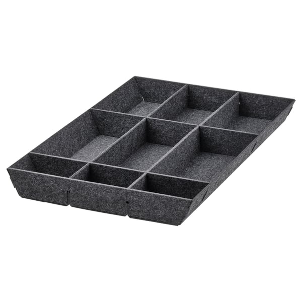UPPDATERA grey drawer organiser, customizable compartments, made of polyester.