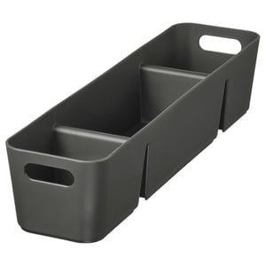 A black UPPDATERA storage box with handles and compartments. Its made of polypropylene plastic and designed for organising small items.