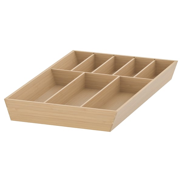 An UPPDATERA bamboo cutlery tray with six compartments. Light brown colour, organised shape for kitchen drawer organisation.