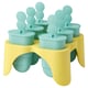 Bright yellow ice pop stand with six green turquoise moulds, each with a rounded handle, perfectly arranged for freezing treats.