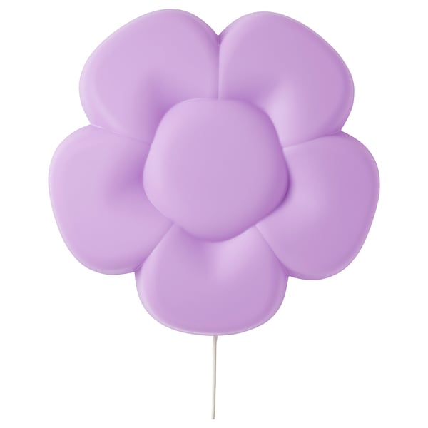 A lavender-colored, flower-shaped lamp named UPPLYST, designed for children, featuring a soft, relaxing light.