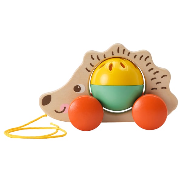 Wooden toy hedgehog with yellow, green, and red colours. It has a pull string and two large wheels. Perfect for childrens play and development.