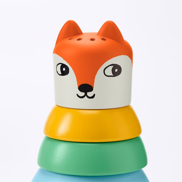 A colourful fox-shaped toy with stacked rings in orange, yellow, green, and blue.