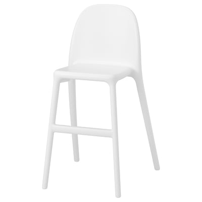 A white junior chair, modern, with four legs, made of plastic.