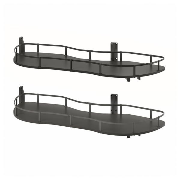 Two black, oval-shaped shelving units with raised edges, designed to store kitchen items efficiently.