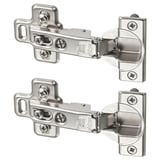 Two sets of nickel-plated steel kitchen cabinet hinges, shown in a mirrored position, displaying adjustability.