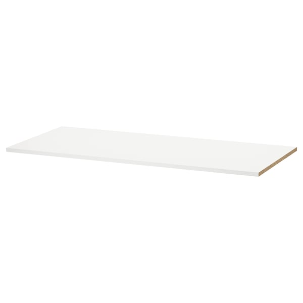 A white UTRUSTA shelf. It’s rectangular, made of melamine, and designed for corner cabinets.
