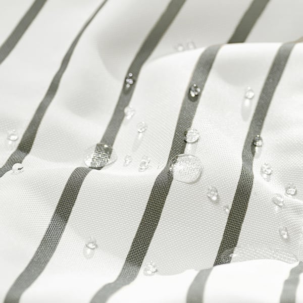 Close-up of UTSÅDD pet blanket, showcasing water-resistant, striped fabric with droplets highlighting durability.