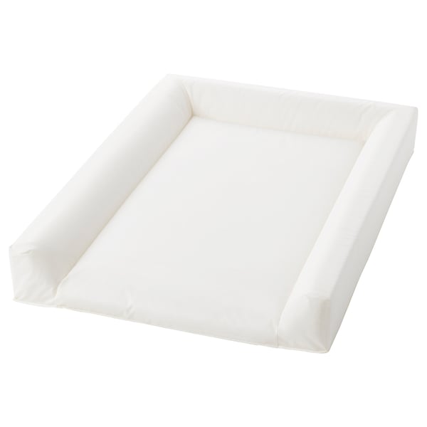 The VÄDRA white padded changing mat, rectangular shape with raised edges, made of peva and polyester.