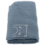 Folded blue organic cotton baby mat cover with white embroidered cat.
