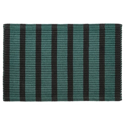 VÄGSKYLT door mat. Blue-green & black stripes. Rectangle. Cotton material with non-slip backing.