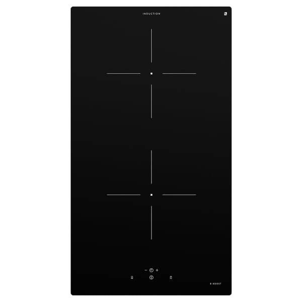 Black induction cooktop with two zones, touch controls, and booster function.