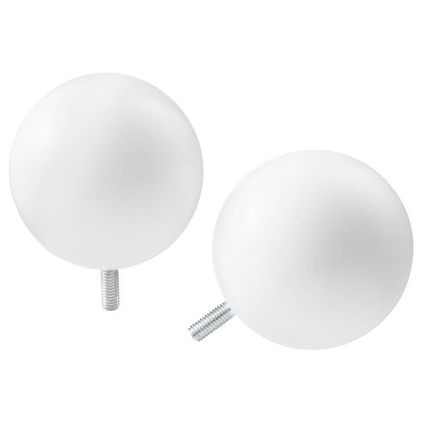 Two white spherical curtain rod finials with a smooth surface and threaded steel screws.