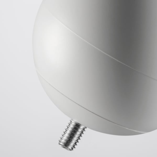 White spherical finial with threaded attachment detail, smooth surface.
