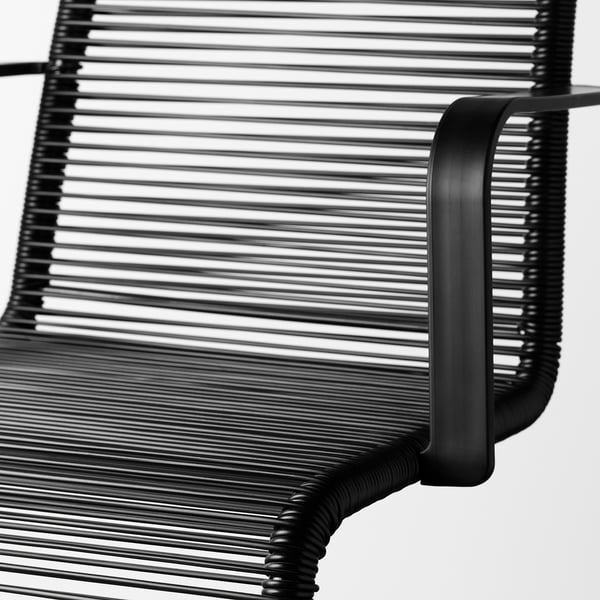Black modern outdoor chair with metal frame, horizontal lines creating seat and back, offering comfort and style.