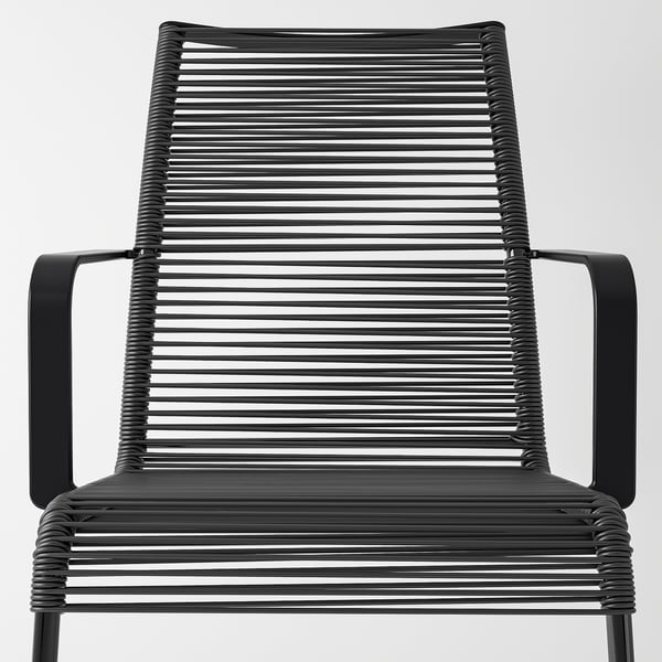 Black modern outdoor chair with resilient seat, high back, and armrests. Suitable for comfort and easy cleaning.