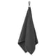 Dark grey VÅGSJÖN towel, hanging neatly on a hook, made of 100% cotton, rectangular shape.